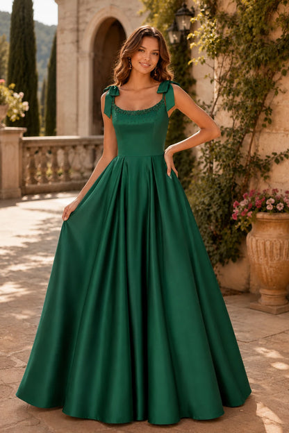 Estthia Light Bow-Shoulder A-Line Prom Dress in Emerald Green prom gown, front view