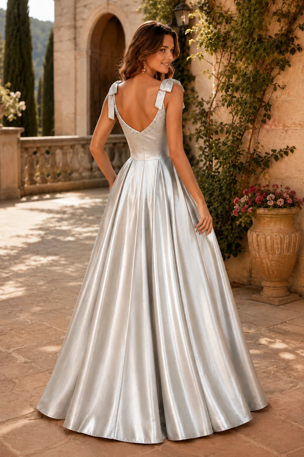 Estthia Light Bow-Shoulder A-Line Prom Dress in Green prom gown, back view