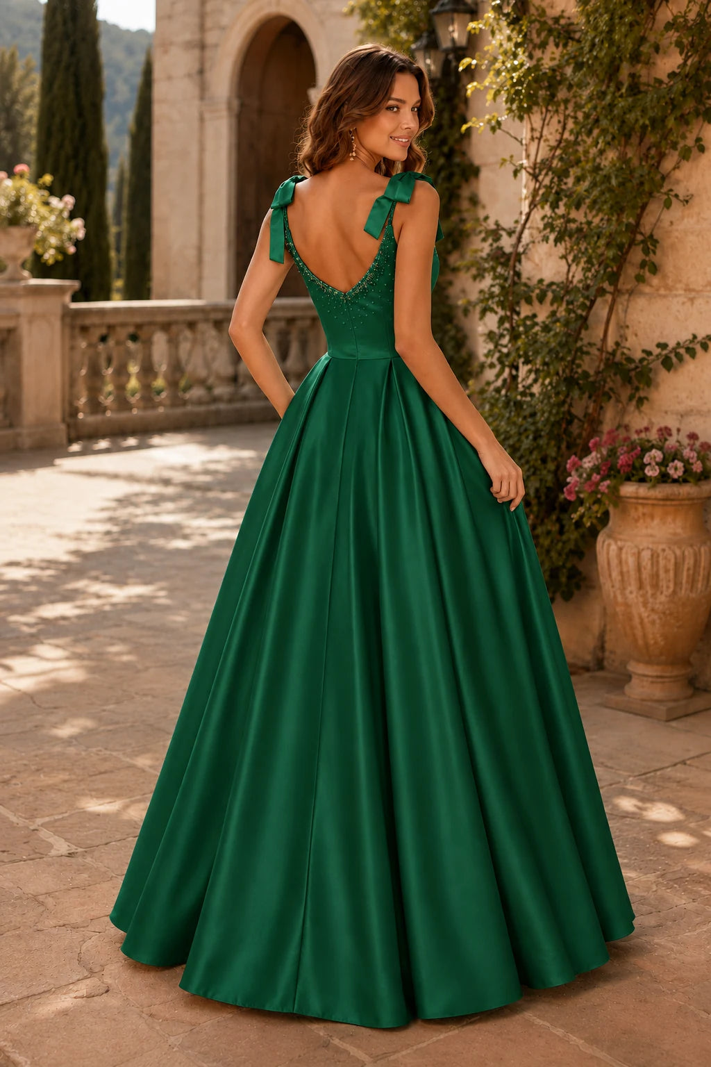 Estthia Light Bow-Shoulder A-Line Prom Dress in Green prom gown, front view