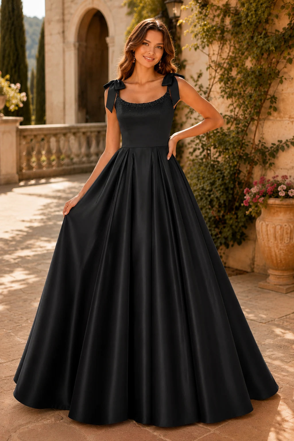 Estthia Light Bow-Shoulder A-Line Prom Dress in Navy Blue prom gown, back view