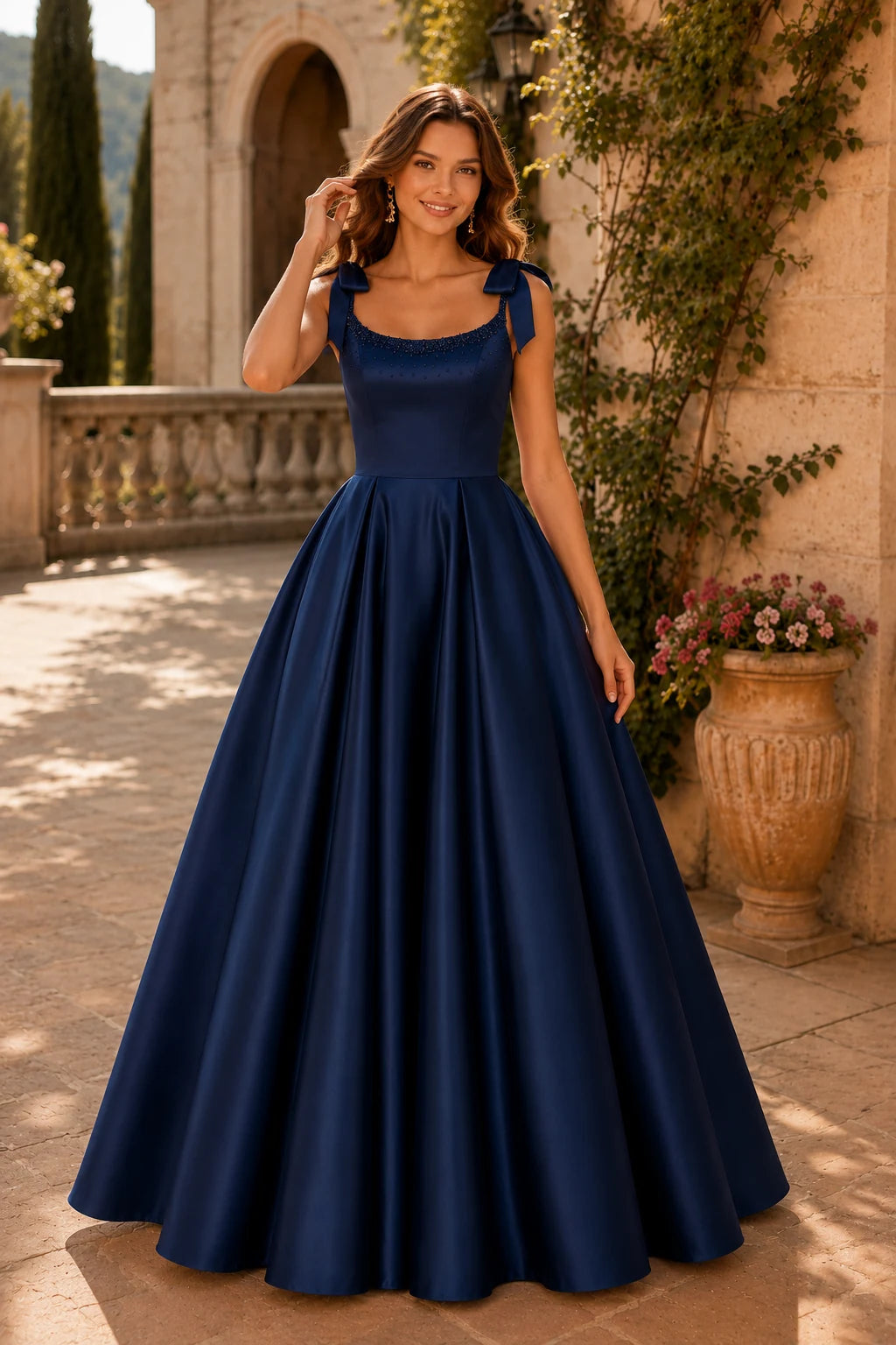 Estthia Light Bow-Shoulder A-Line Prom Dress in Navy Blue prom gown, front view