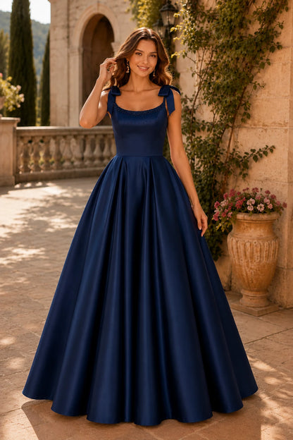 Estthia Light Bow-Shoulder A-Line Prom Dress in Navy Blue prom gown, front view