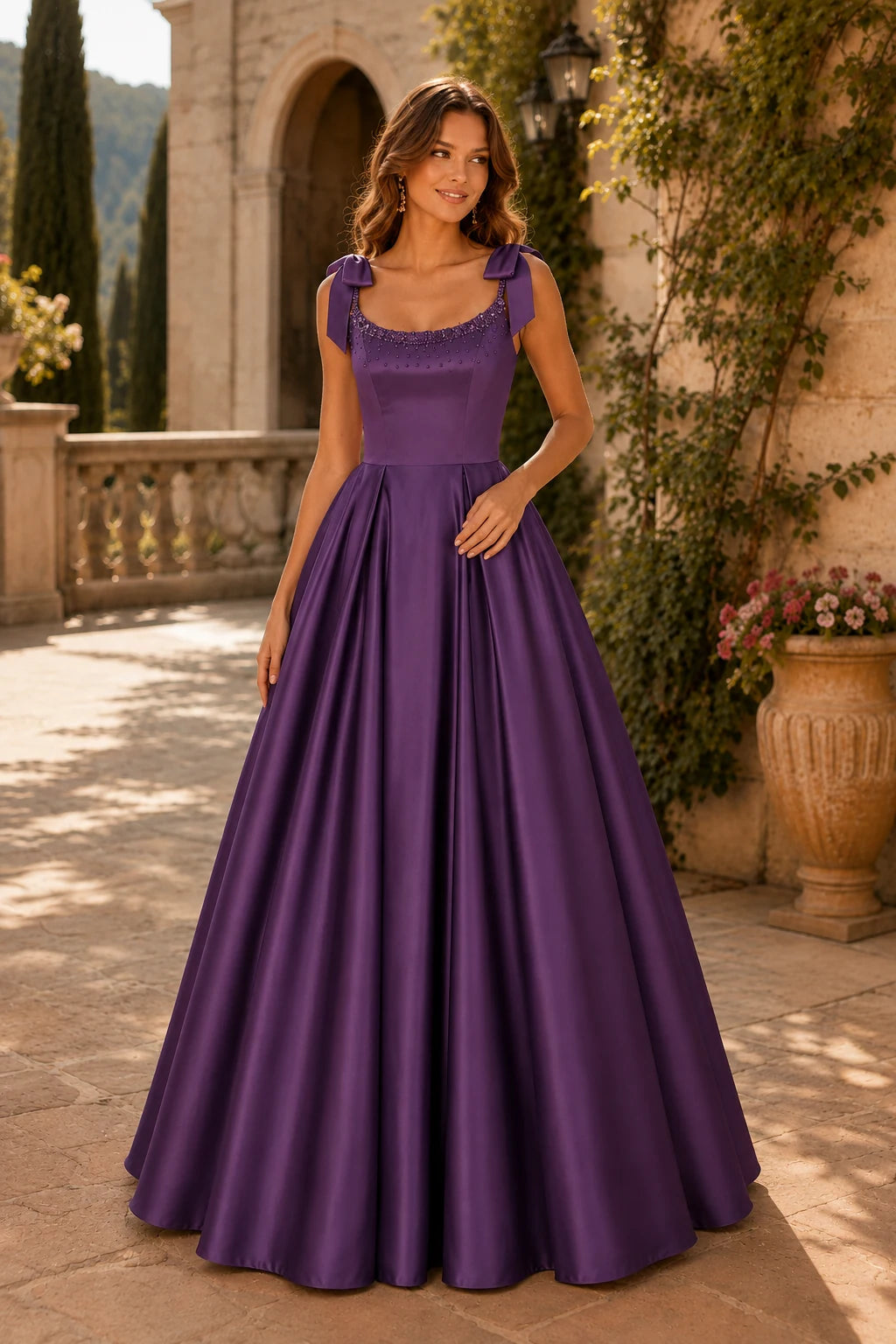 Estthia Light Bow-Shoulder A-Line Prom Dress in Purple prom gown, front view