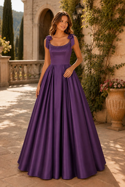 Estthia Light Bow-Shoulder A-Line Prom Dress in Purple prom gown, front view