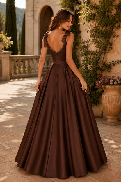 Estthia Light Bow-Shoulder A-Line Prom Dress in Red prom gown, back view