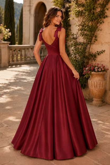 Estthia Light Bow-Shoulder A-Line Prom Dress in Red prom gown, front view