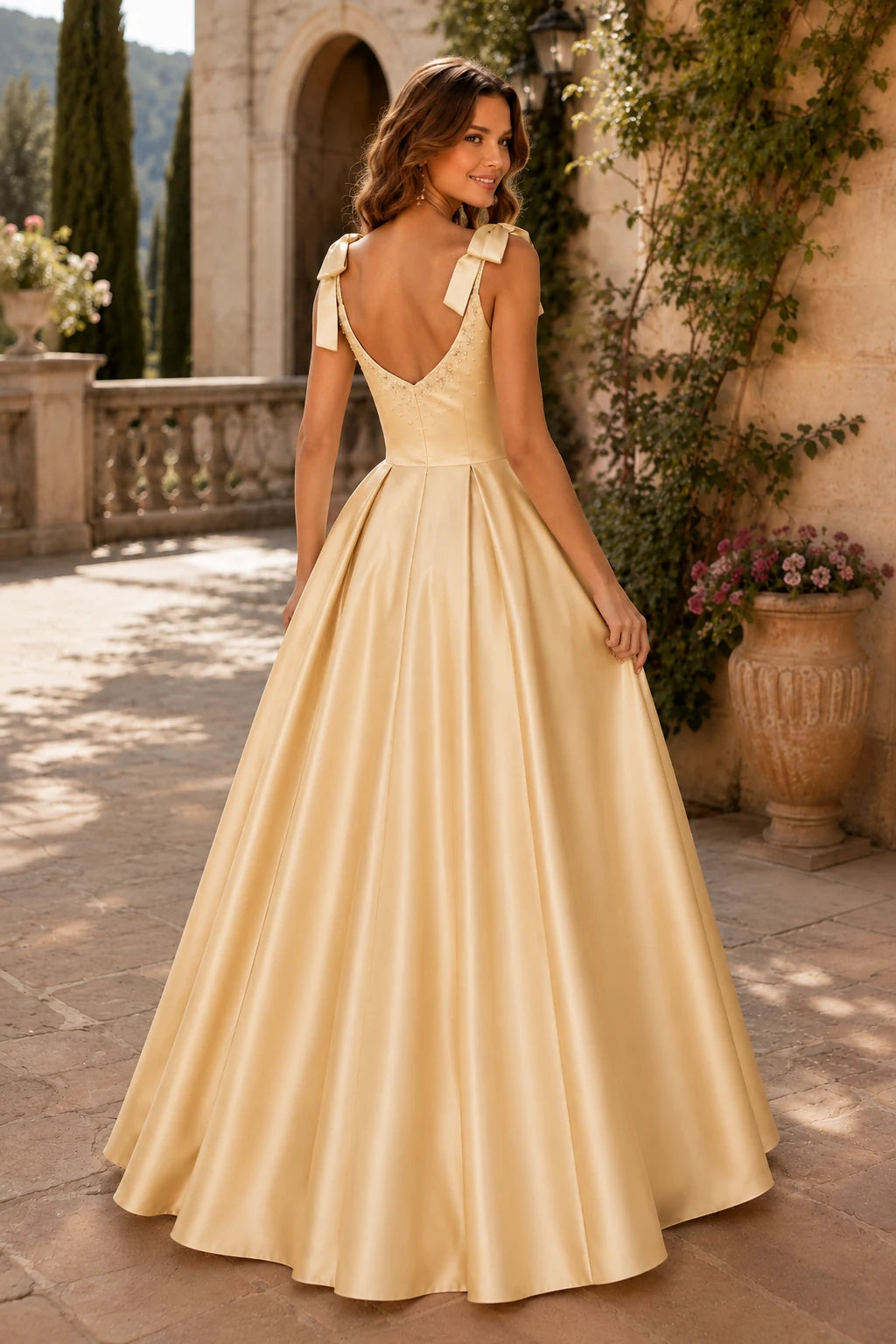 Estthia Light Bow-Shoulder A-Line Prom Dress in Silver prom gown, back view