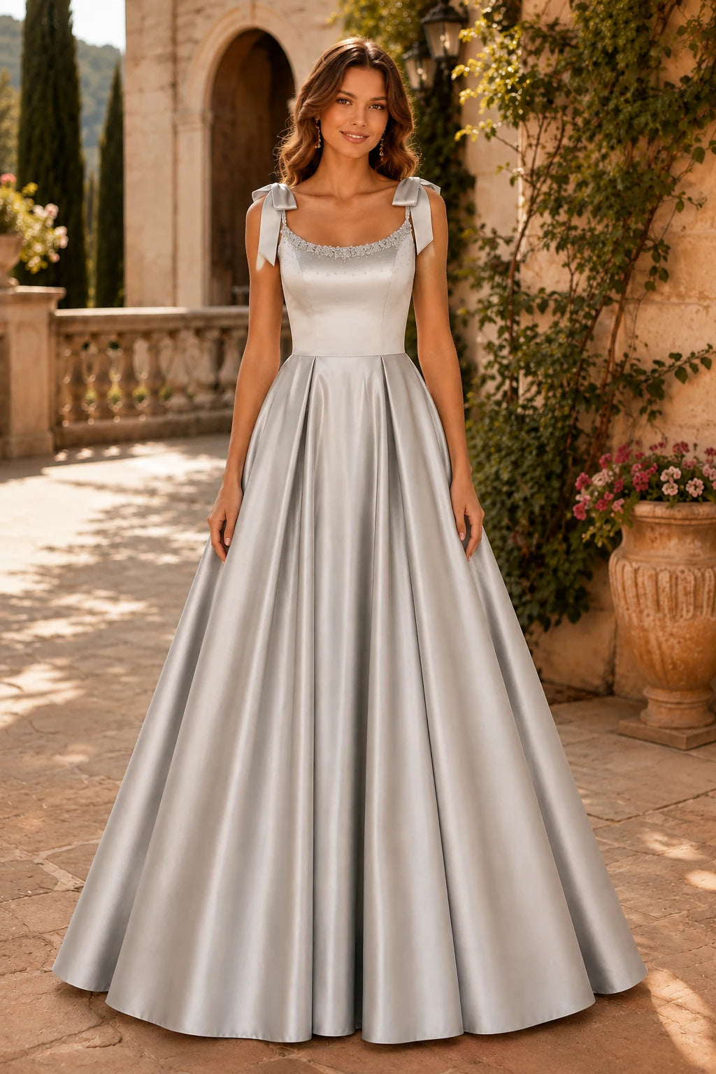Estthia Light Bow-Shoulder A-Line Prom Dress in Silver prom gown, front view