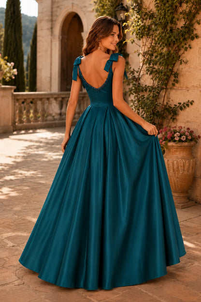 Estthia Light Bow-Shoulder A-Line Prom Dress in Teal prom gown, back view