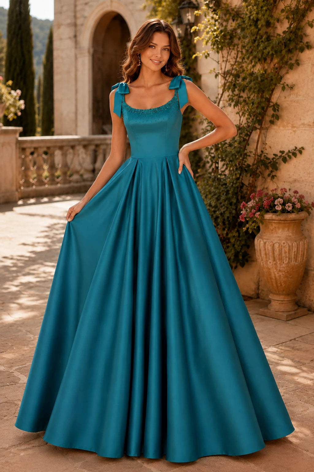 Estthia Light Bow-Shoulder A-Line Prom Dress in Teal prom gown, front view