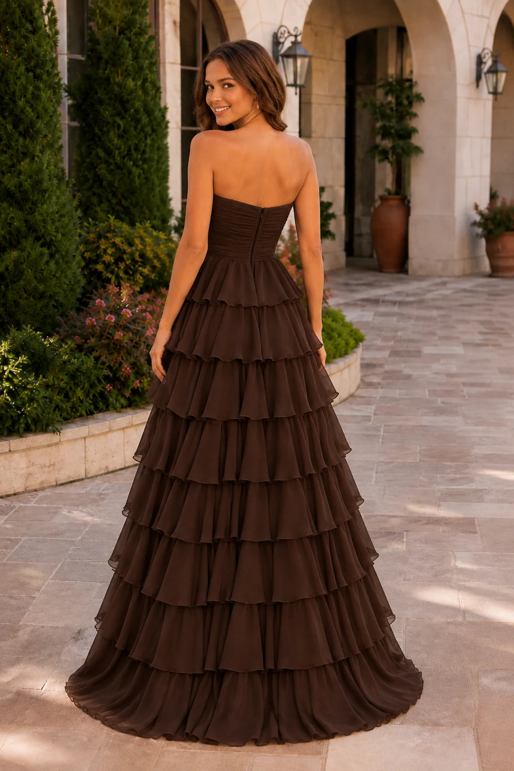 Elomara Sweetheart Tiered A-Line Prom Dress in Brown prom gown, back view