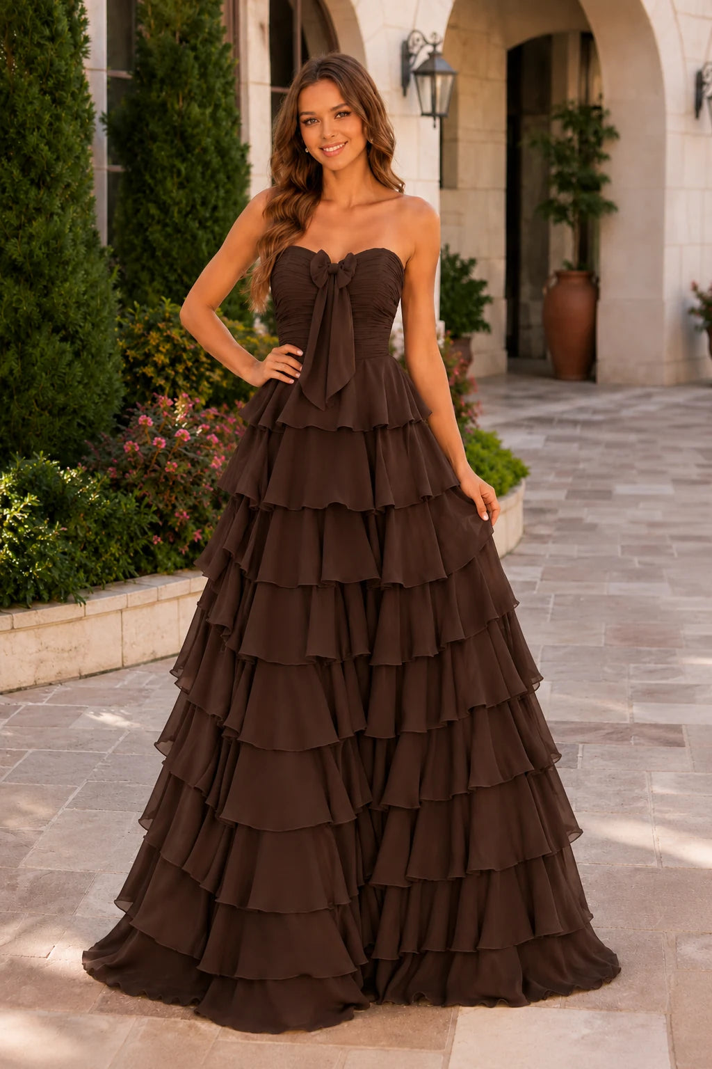 Elomara Sweetheart Tiered A-Line Prom Dress in Brown prom gown, front view