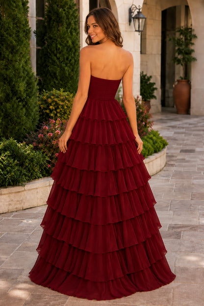 Elomara Sweetheart Tiered A-Line Prom Dress in Burgundy prom gown, back view