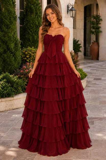 Elomara Sweetheart Tiered A-Line Prom Dress in Burgundy prom gown, front view
