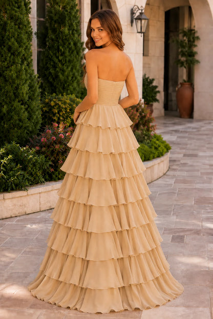 Elomara Sweetheart Tiered A-Line Prom Dress in Champagne prom gown, back view