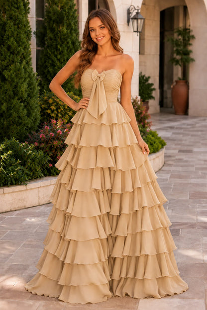 Elomara Sweetheart Tiered A-Line Prom Dress in Champagne prom gown, front view