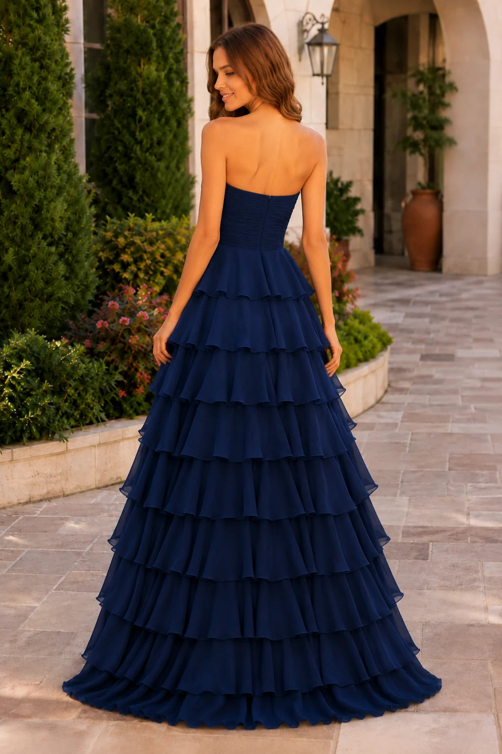 Elomara Sweetheart Tiered A-Line Prom Dress in Navy Blue prom gown, back view