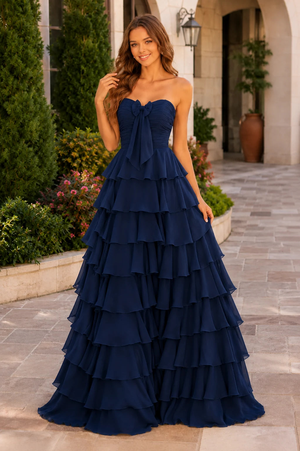 Elomara Sweetheart Tiered A-Line Prom Dress in Navy Blue prom gown, front view