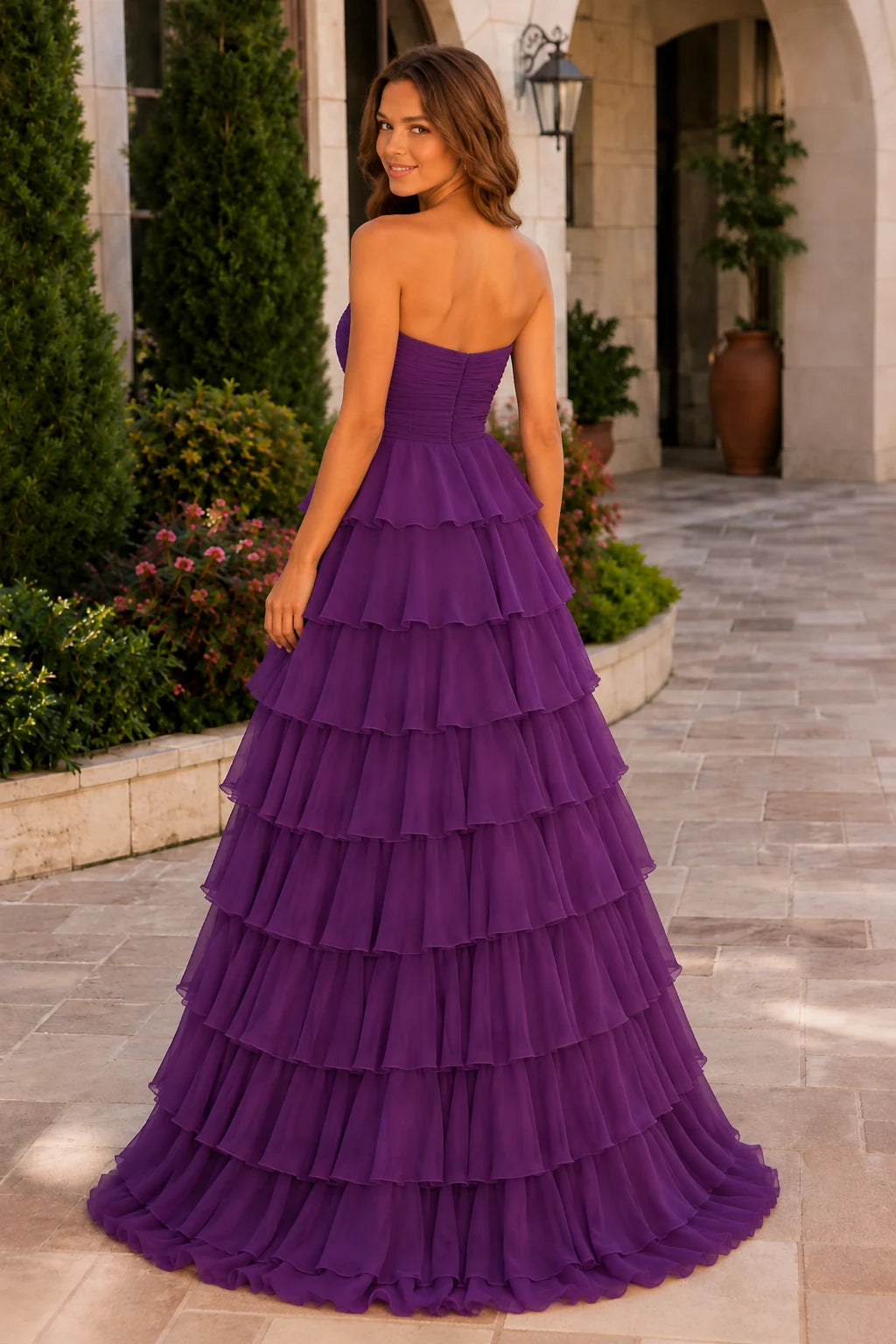 Elomara Sweetheart Tiered A-Line Prom Dress in Purple prom gown, back view