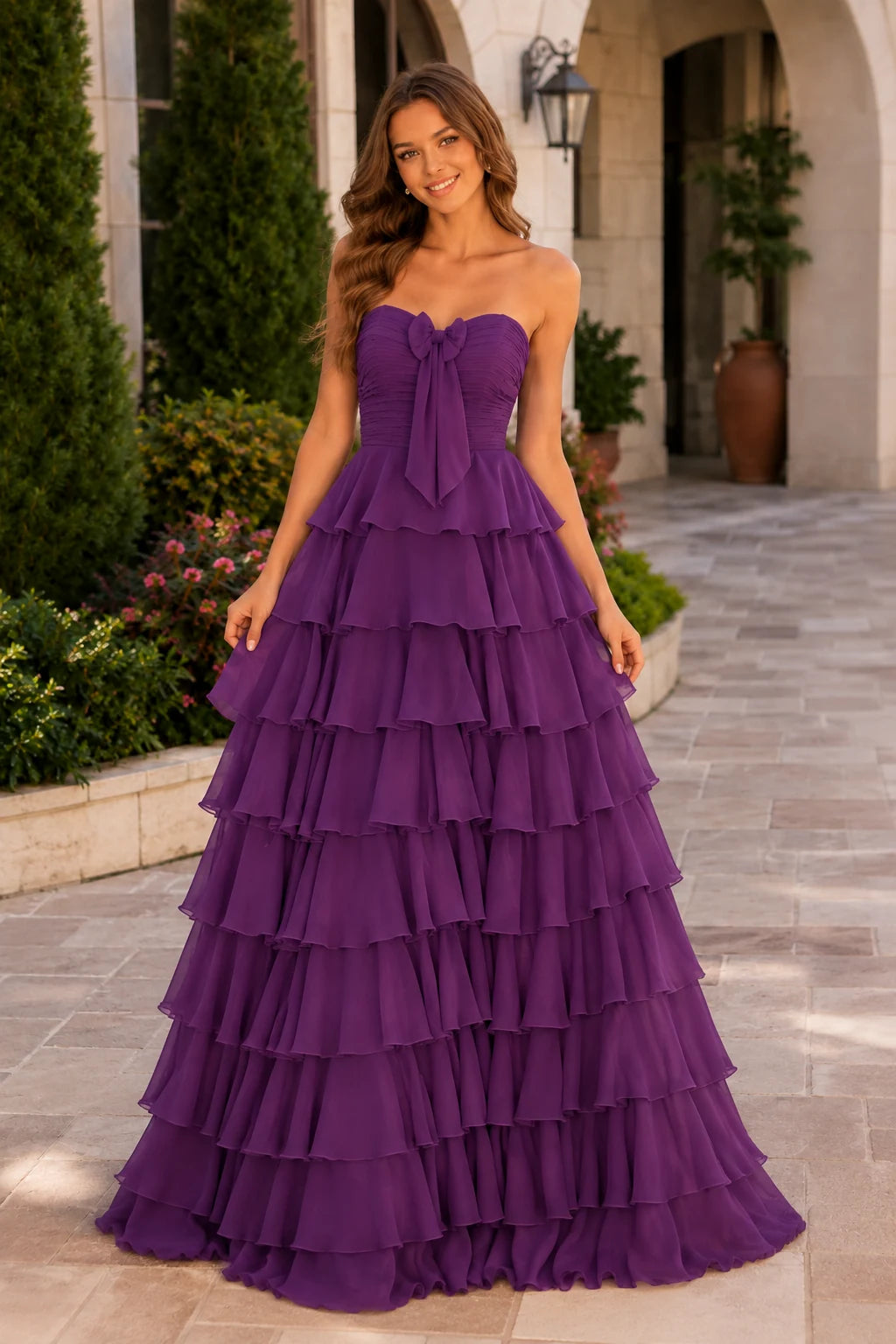 Elomara Sweetheart Tiered A-Line Prom Dress in Purple prom gown, front view
