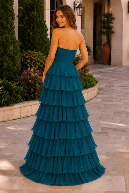 Elomara Sweetheart Tiered A-Line Prom Dress in Teal prom gown, back view