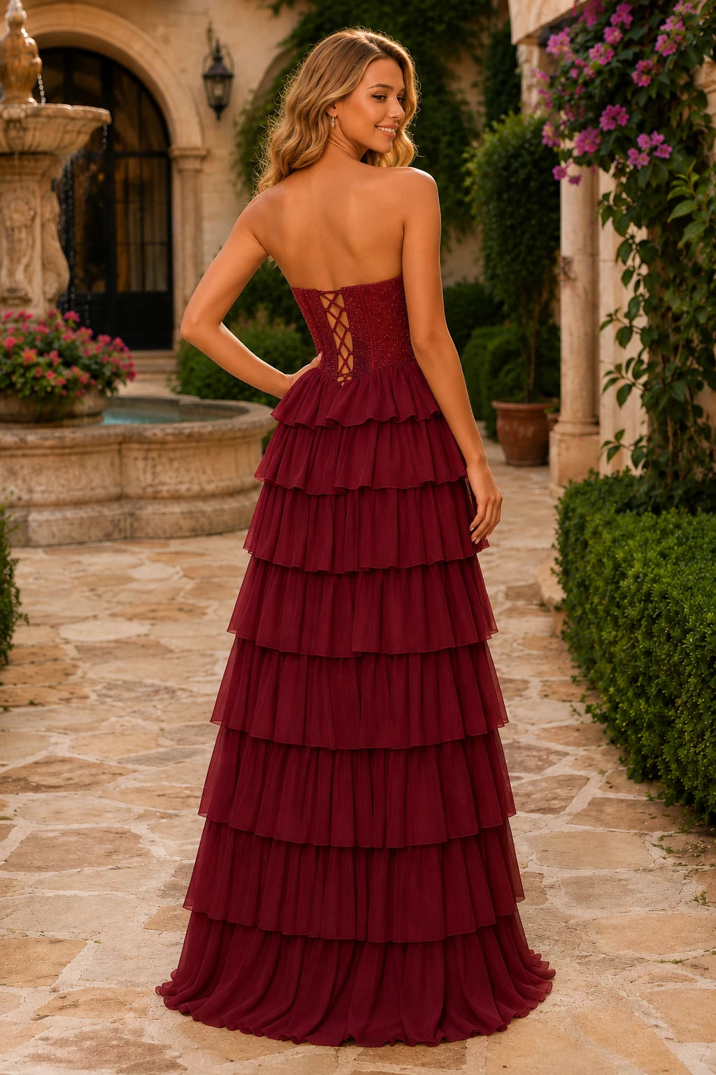 Belria Strapless Ruffle-Skirt A-Line Prom Dress in Burgundy prom gown, back view
