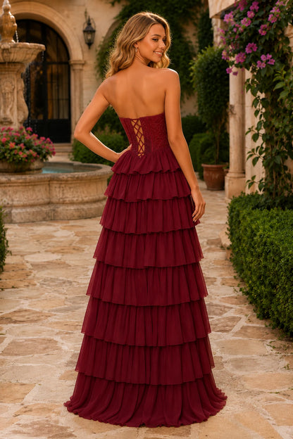 Belria Strapless Ruffle-Skirt A-Line Prom Dress in Burgundy prom gown, back view