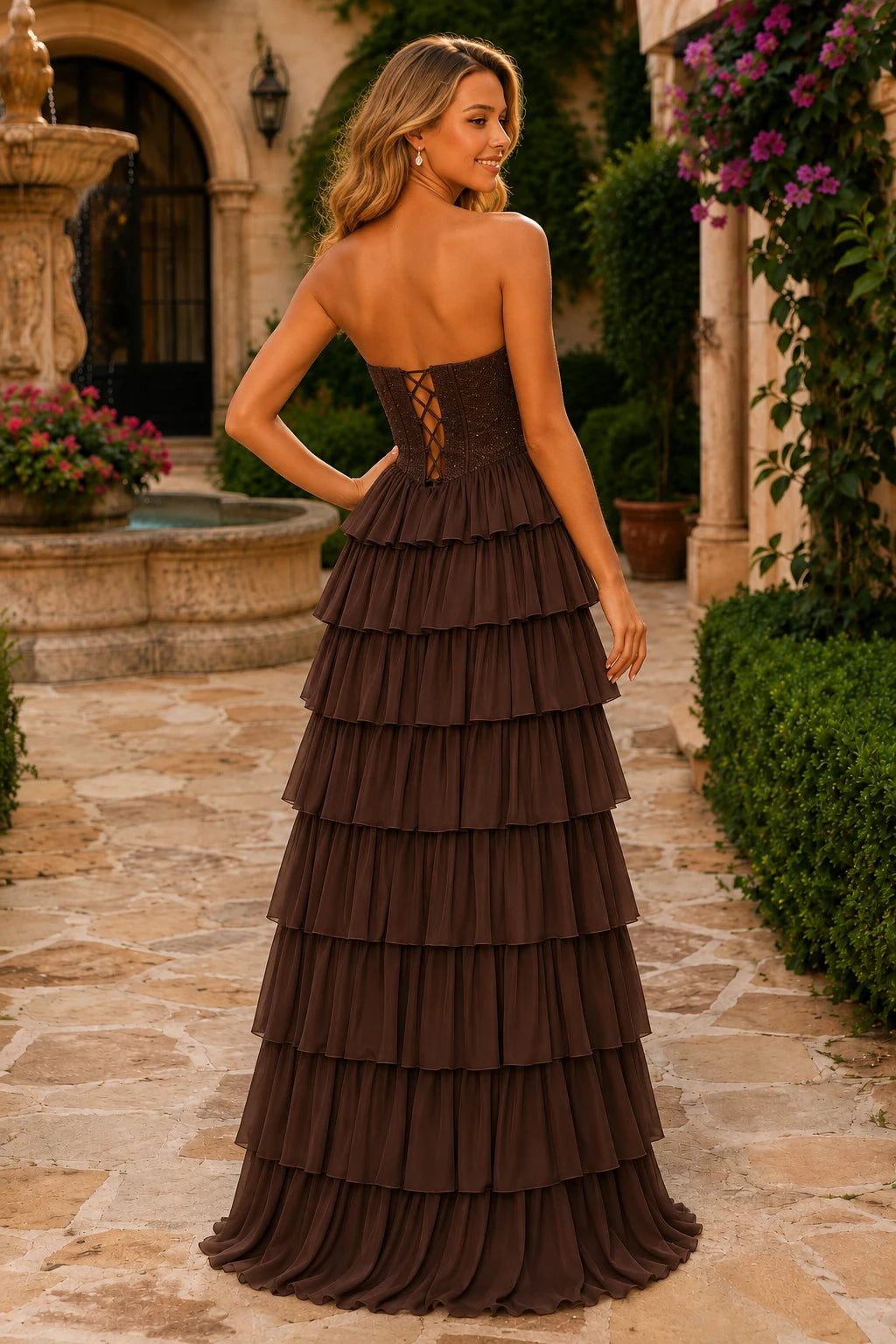 Belria Strapless Ruffle-Skirt A-Line Prom Dress in Champagne Gold prom gown, back view