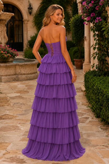Belria Strapless Ruffle-Skirt A-Line Prom Dress in Royal Blue prom gown, back view