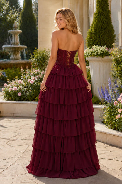 Belnette Strapless Tiered A-Line Prom Dress in Burgundy prom gown, back view