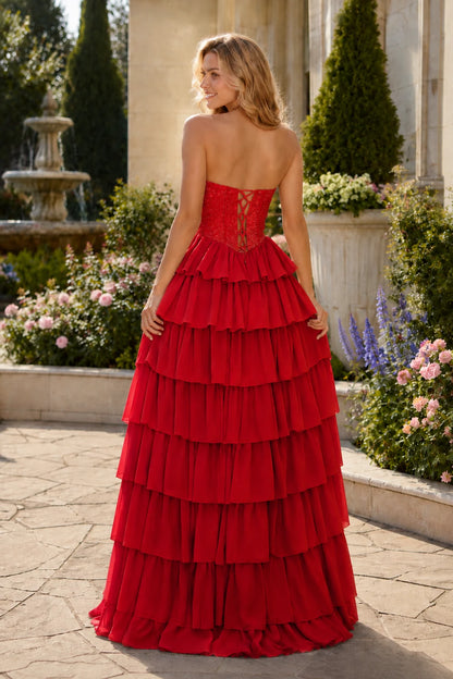 Belnette Strapless Tiered A-Line Prom Dress in Cherry Red prom gown, back view