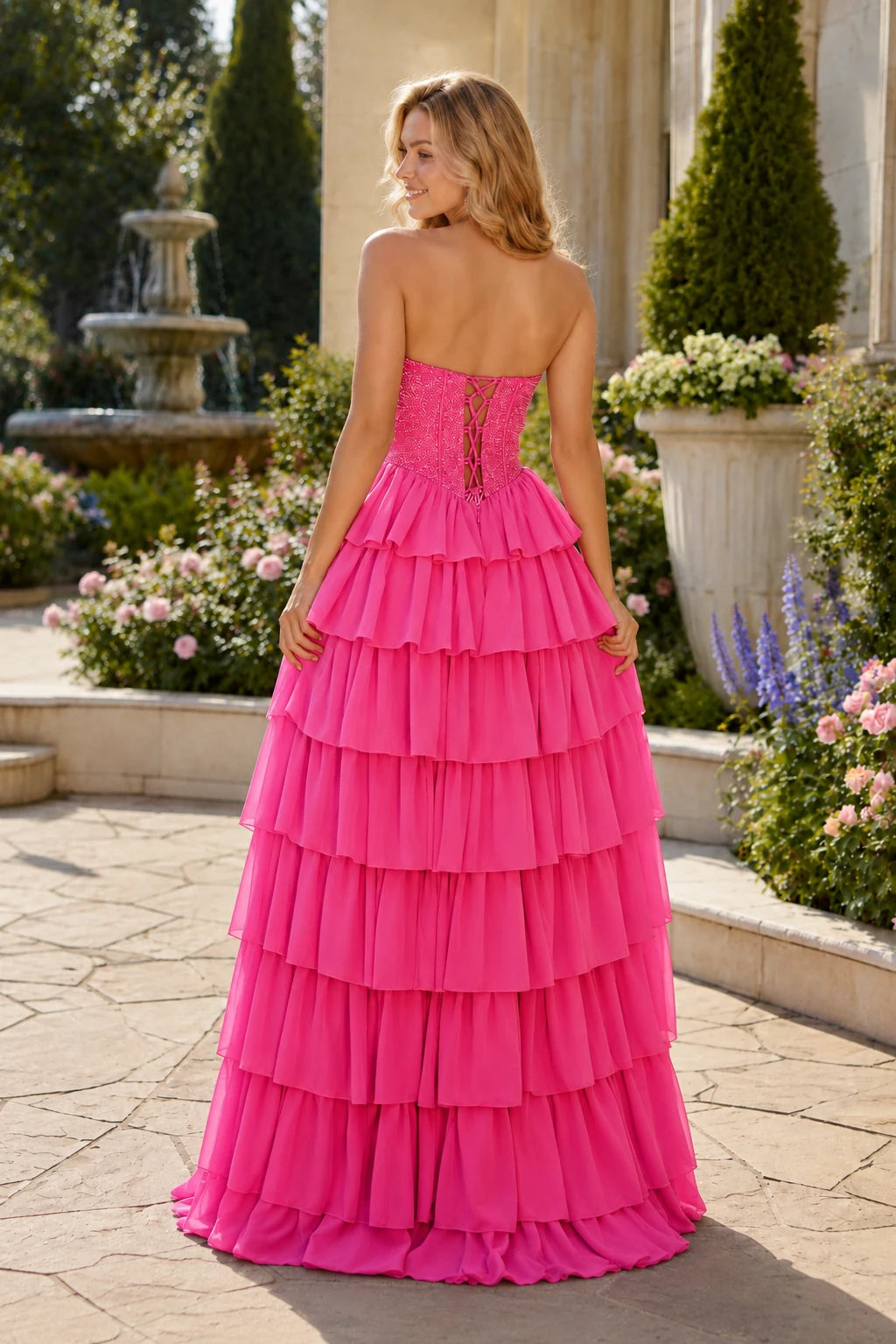 Belnette Strapless Tiered A-Line Prom Dress in Hot Pink prom gown, back view
