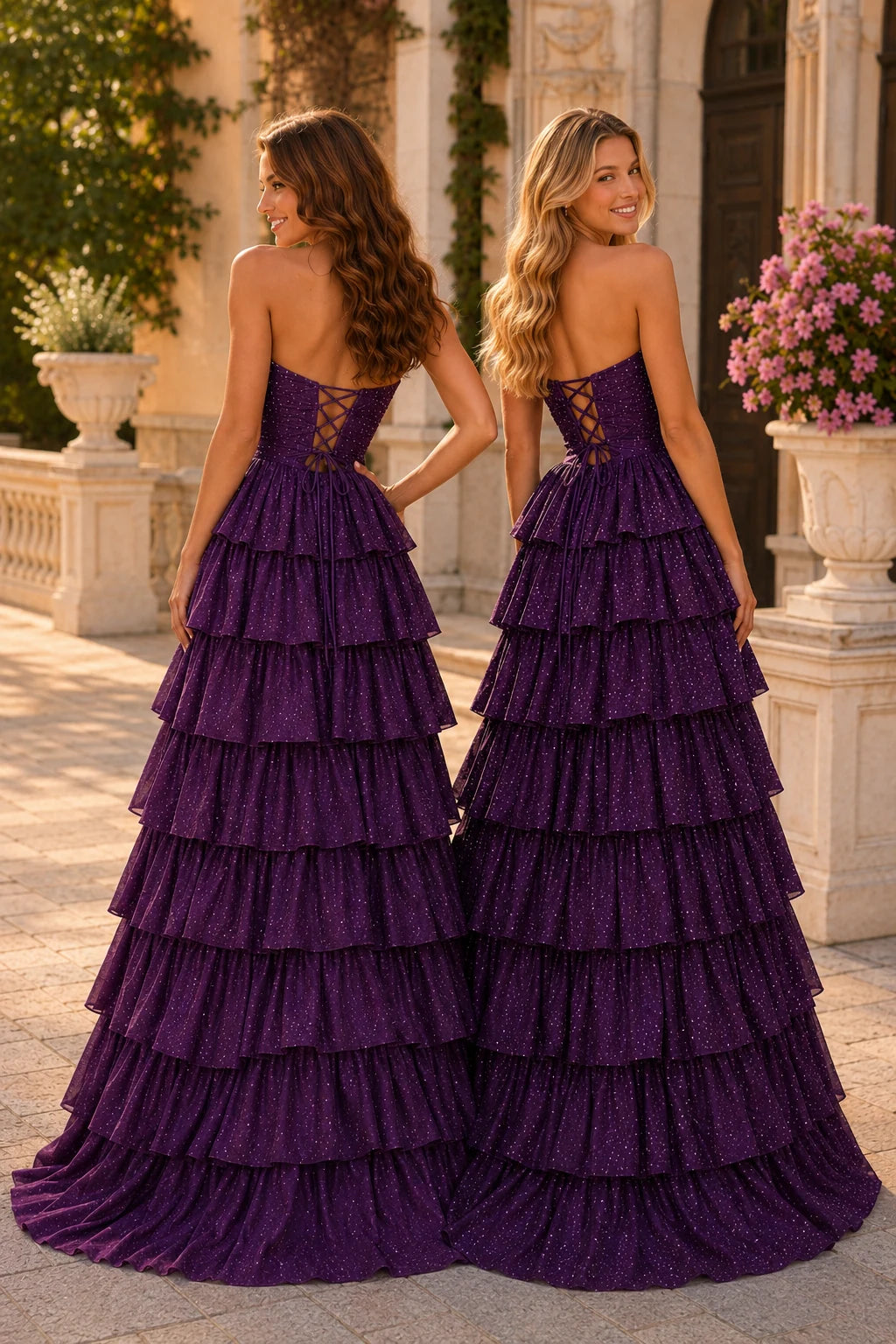 Aladora Cutout Tiered A-Line Prom Dress in Black prom gown, back view