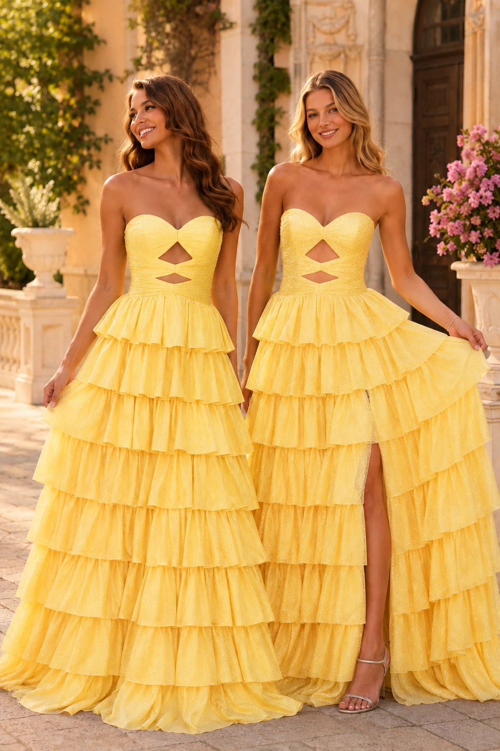 Aladora Cutout Tiered A-Line Prom Dress in Hot Pink prom gown, back view