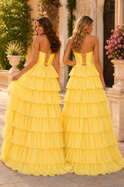 Aladora Cutout Tiered A-Line Prom Dress in Ice Blue prom gown, back view