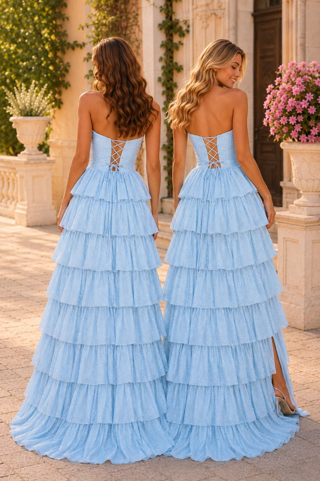 Aladora Cutout Tiered A-Line Prom Dress in Midnight Navy prom gown, back view
