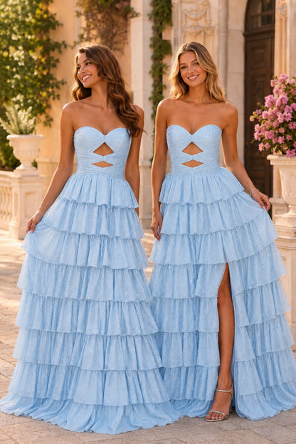 Aladora Cutout Tiered A-Line Prom Dress in Midnight Navy prom gown, front view