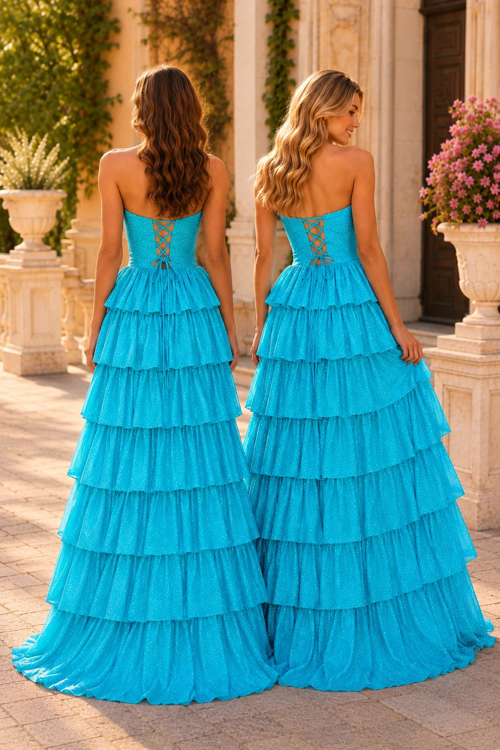 Aladora Cutout Tiered A-Line Prom Dress in Purple prom gown, back view