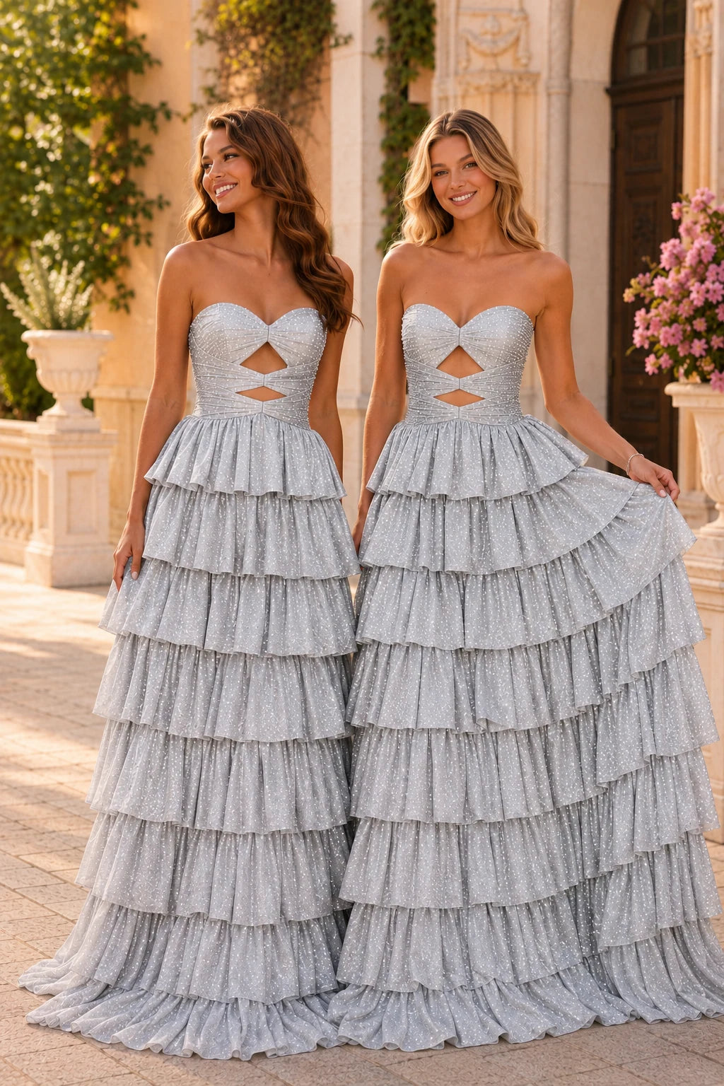Aladora Cutout Tiered A-Line Prom Dress in Royal Blue prom gown, back view
