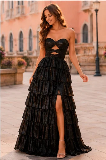 Aladora Cutout Tiered A-Line Prom Dress in Black prom gown, front view