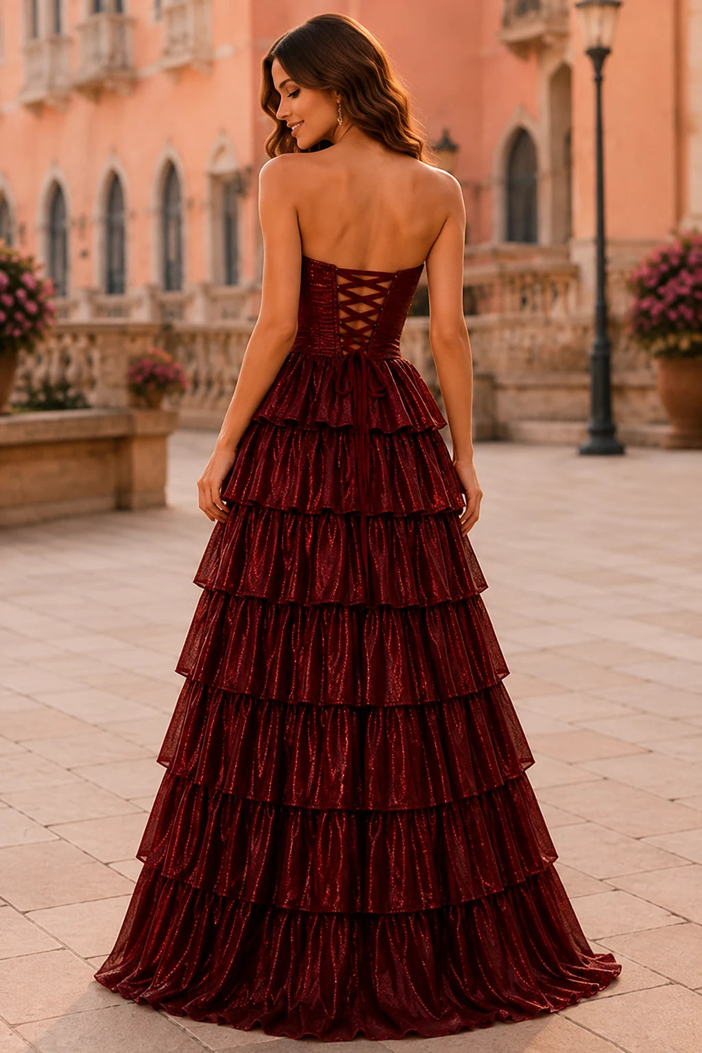 Aladora Cutout Tiered A-Line Prom Dress in Burgundy prom gown, back view