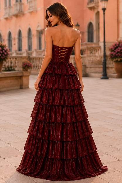 Aladora Cutout Tiered A-Line Prom Dress in Burgundy prom gown, back view