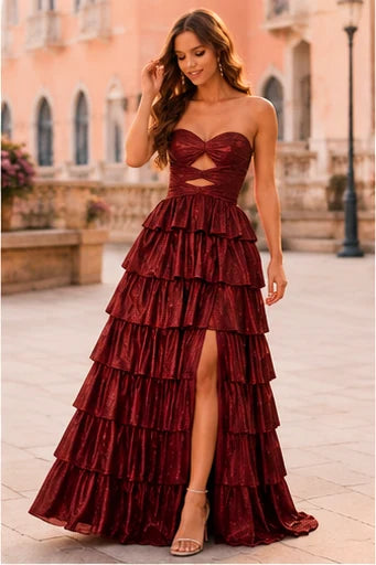 Aladora Cutout Tiered A-Line Prom Dress in Burgundy prom gown, front view