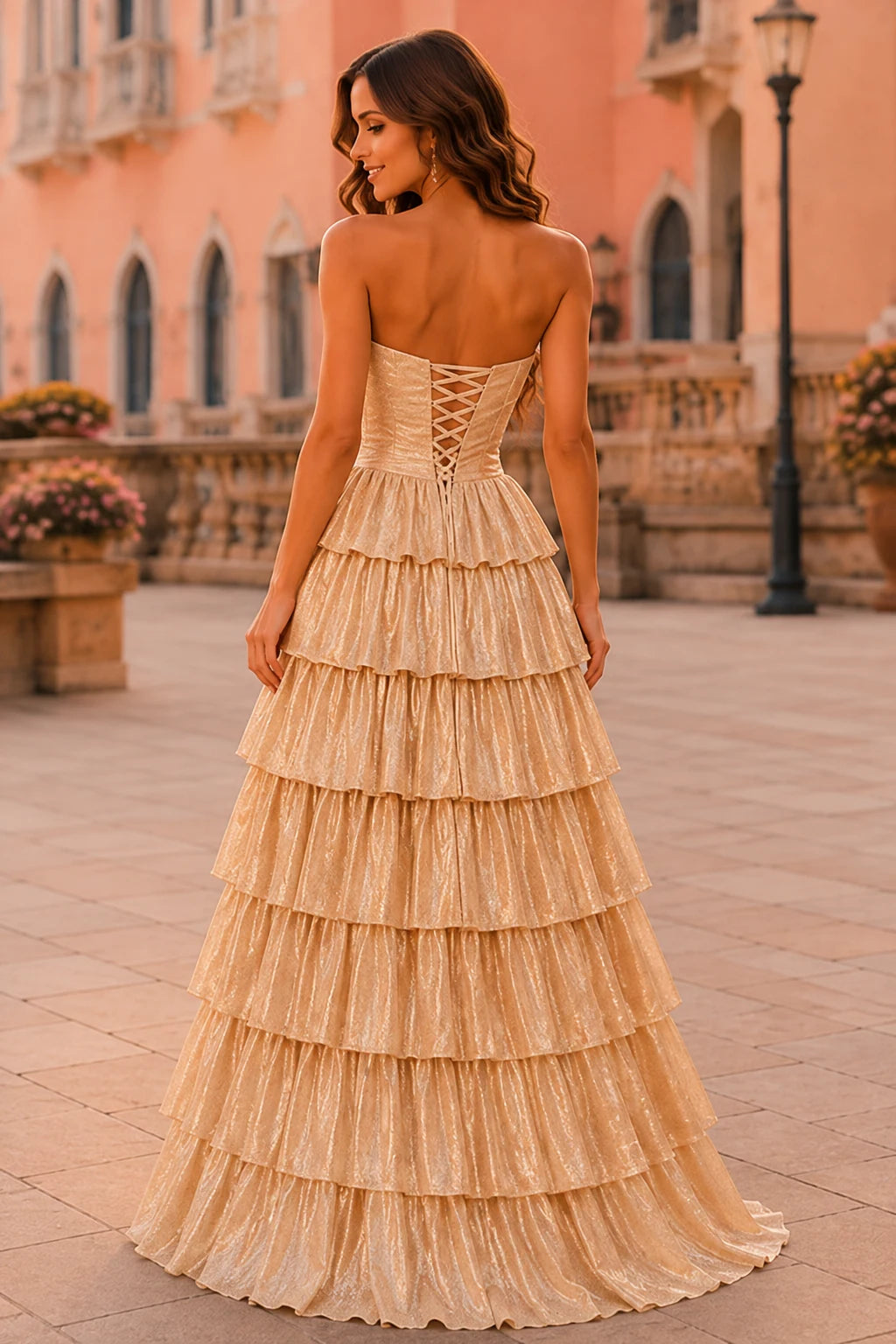 Aladora Cutout Tiered A-Line Prom Dress in Champagne Gold prom gown, back view