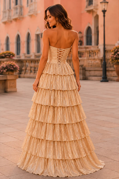 Aladora Cutout Tiered A-Line Prom Dress in Champagne Gold prom gown, back view