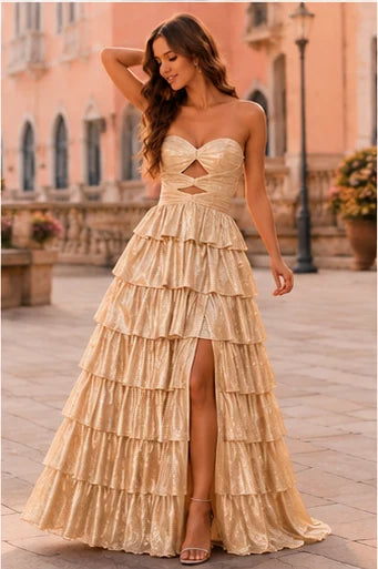Aladora Cutout Tiered A-Line Prom Dress in Champagne Gold prom gown, front view