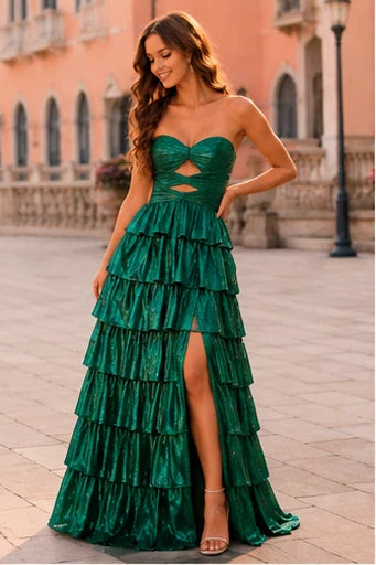 Aladora Cutout Tiered A-Line Prom Dress in Emerald Green prom gown, front view