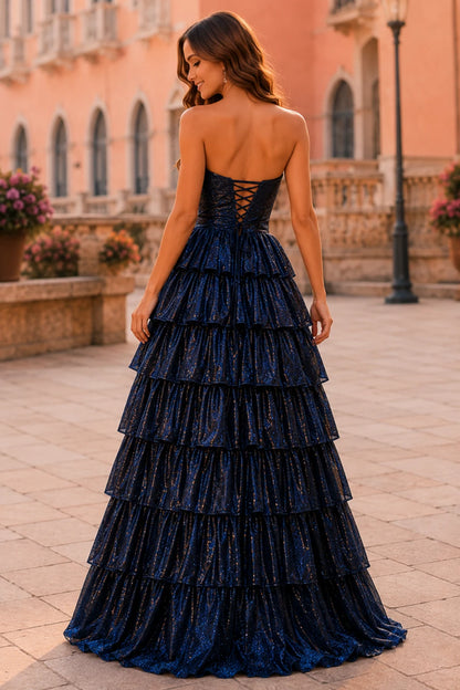 Aladora Cutout Tiered A-Line Prom Dress in Midnight Navy prom gown, back view