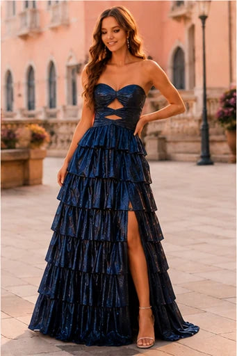 Aladora Cutout Tiered A-Line Prom Dress in Midnight Navy prom gown, front view