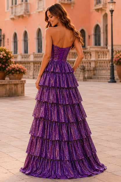 Aladora Cutout Tiered A-Line Prom Dress in Purple prom gown, back view
